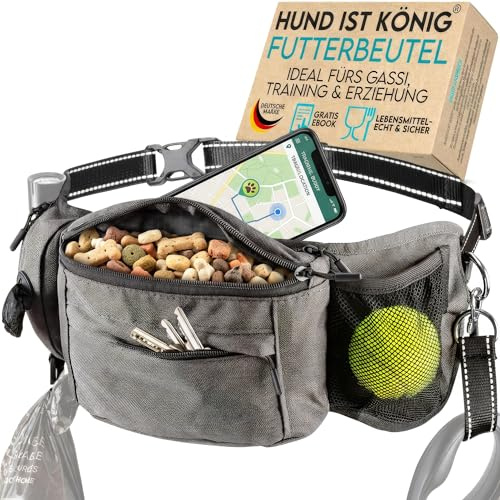 HUND IST KÖNIG Leckerlitasche für Hunde Leckerlis & Hundezubehör - Robuste Bauchtasche Hund - Futterbeutel Hunde mit Kotbeutelspender, Handyfach & Gurt für Flexileine