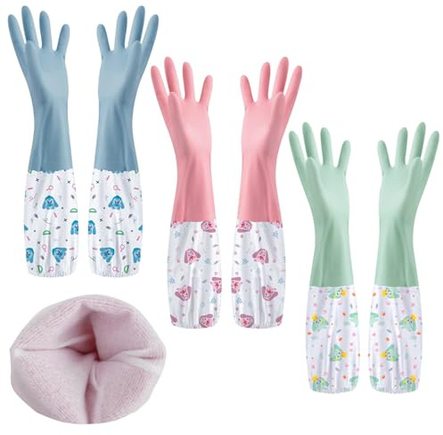 3 Paar Haushaltshandschuhe, SHAIDOJIO Lange Spülhandschuhe mit Futter-46cm, Wasserdichte Putzhandschuhe Gummihandschuhe Lang für Küche Bad Wäscherei Gartenarbeit Haustierpflege-3 Farben