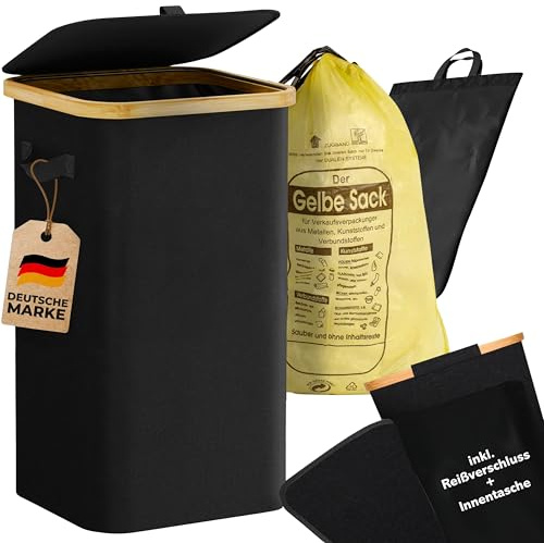 COTTARA® Gelber Sack Ständer Mülleimer mit Deckel – Bambusrahmen, Schwarz | Müllsackständer für gelbe Säcke mit Reißverschluss hinten für einfache Handhabung – 60-120L Müllsystem Behälter Recycling