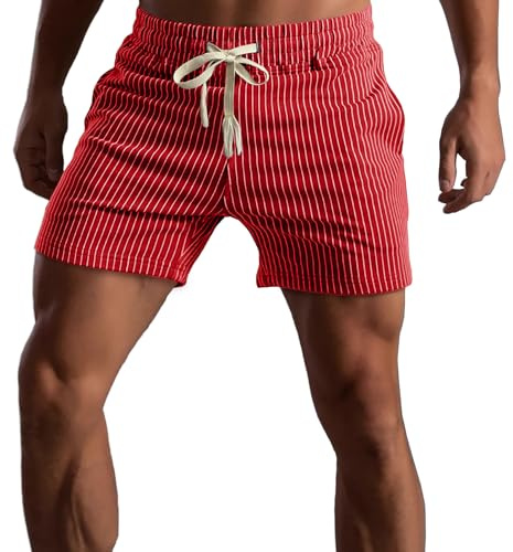 Muscle Cmdr Herren Baumwoll Kurze Hosen, Athletic Gym Shorts mit elastischer Taille und Taschen, Casual Jogger Workout Shorts Schrittlänge(Rot/M)