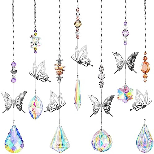 Kristall Sonnenfänger Fenster Deko Anhänger - 7 Stück Schmetterling fensterdeko hängend Glas Prisma Anhänger Regenbogen Sonnenfänger für Zuhause Fenster Garten Dekoration