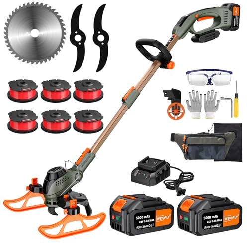 WeGofly Rasentrimmer mit Akku, (2 x 21V 5.0A Akku und schnelles Ladegerät), 4-in-1-Rasentrimmer/Radkantenschneider/Mini Rasenmäher/Freischneider, Motorsense Akku Mit 3-Schneidemethoden