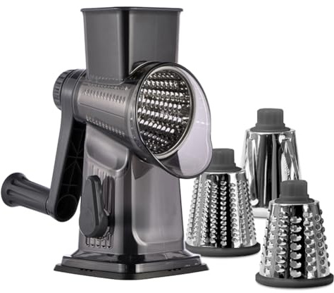 Käsereibe mit Kurbel, Gemüsehobel 3 Edelstahl Austauschbaren Trommelklingen, Schnelles Schneiden Gemüsehobel, ideal als Kartoffelreibe, Nussreibe mit Kurbel, Nussmühle, Mandelmühle (Grau)