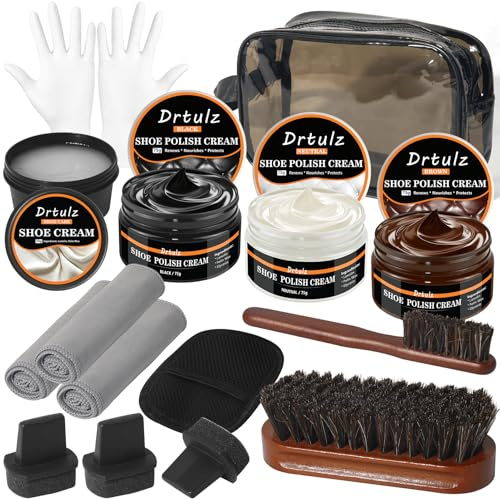 drtulz 15-teiliges Schuhcreme & Pflegeset, Schuhputzset Reinigungsset mit Rosshaarbürsten für Glattleder Lederschuhe, Schwarz, braun, Neutrales, sanfte Pflege Lederstiefel Männer und Frauen