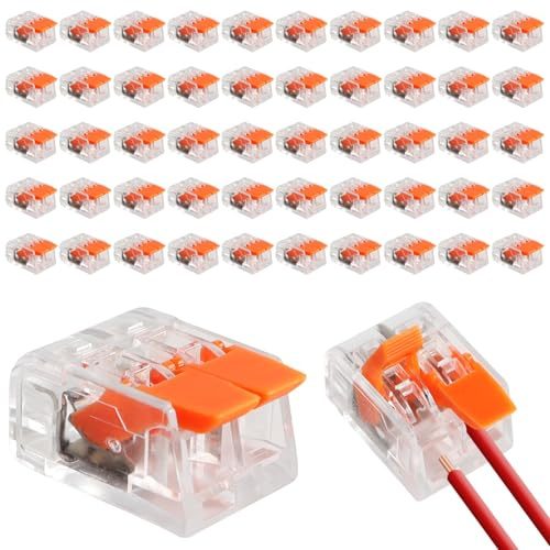 50 Stück Kabelverbinder 2 polig, Kabelklemmen Elektro, Wiederverwendbare Klemmen Set mit Betätigungshebel, 0,14-4,0 mm² Klemme Lüsterklemmen für Feste Kabe