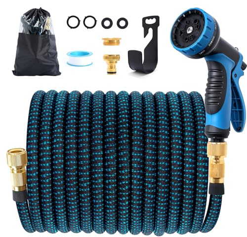 Jsdoin Gartenschlauch Flexibel 15m, Ausziehbare Garten Schlauch Dehnbarer mit 10 Funktions Gartenbrause, 1/2 3/4 Adapter für Wasserschlauch Flexibler Garden Hose (15m)