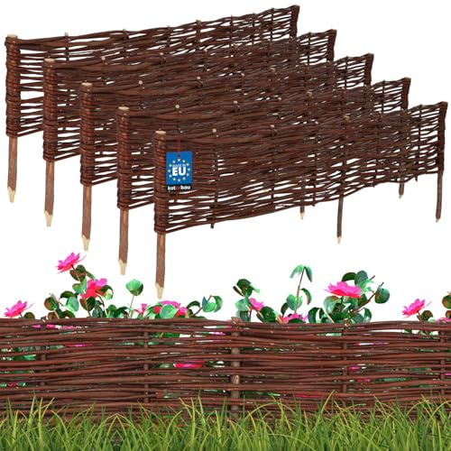 KOTARBAU® 5er Set Beeteinfassung - 120 x 20 cm - Weidezaun - Beetumrandung aus Weide - Beet Zaun - Mini Steckzaun - Abgrenzung für Blumen- & Kräuterbeet - Garten Deko - Weide - Braun