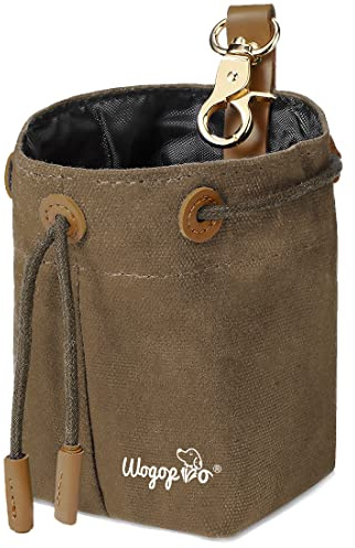 WOGOPRO Leckerlibeutel für Hunde, Canvas Hundefutterbeutel mit Clip Sch nalle und Spannseil, Futterbeutel für Hundetraining (Braun)