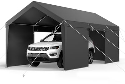 VEVOR Carport, 3,65 x 6,09 m Zeltgarage, Garagenzelt mit abnehmbaren Seitenwänden & Tür, robuster Autounterstand, Autoüberdachung UV-beständig, Ganzjahresschutz für Auto & Boot, Grau