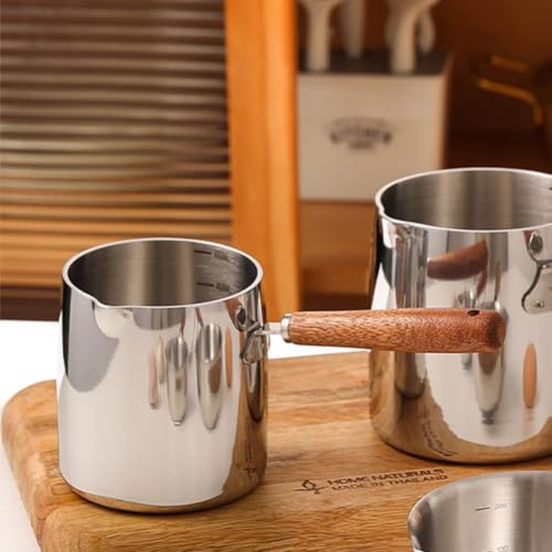 Tissting 450ML Mini Topf Kaffeekanne, Holzgriff Kleine Soßentopf | Stielkasserolle Topf Butterwärmer Milchtopf Induktion Klein Kleiner mit Ausgießer und Holzgriff zum Kochen Milch, Sauce