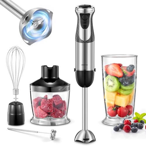 5-in-1 Stabmixer Set 1000W, Pürierstab aus Edelstahl mit 12 Geschwindigkeiten & Turbo-Funktion, Inklusive 500ml Zerkleinerer, 600ml Messbecher, Schneebesen und Milchaufschäumer, BPA-frei (Black2)