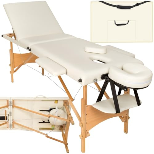 tectake® Mobile Massageliege 3 Zonen, höhenverstellbar, klappbar, Zubehör Kopfstütze, Tasche, belastbar bis 250kg, Möbel für Kosmetik, Massage, Tattoo Zubehör, Physiotherapie Zubehör - beige