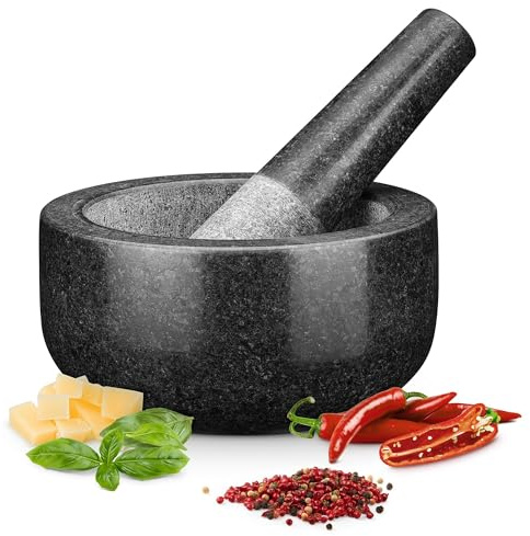 H&S Mörser mit Stößel Set für Gewürze - 16cm XXL aus Granit für Gewürze & Kräuter – Großes Set – Küchenutensilien - Mortar and Pestle