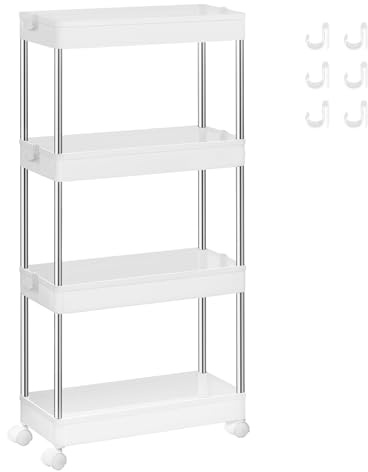 SONGMICS Rollwagen, Küchenwagen, Küchenregal, Nischenregal, mit 6 Haken, 360° drehbare Räder, Stahlgestell, Bad, Küche, Büro, 4 Ebenen, weiß KSC08WT
