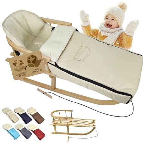 Kombi-Angebot Holz-Schlitten mit Rückenlehne & Zugseil + universaler Winterfußsack (108cm), auch geeignet für Babyschale, Kinderwagen, Buggy, aus Wolle Uni (beige)