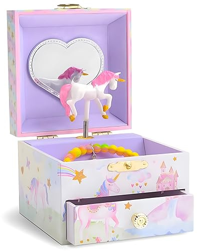 Jewelkeeper Schmuckaufbewahrung für Kinder mit Schublade - Musikalische Aufbewahrungsbox Glitzerndes Regenbogen-Einhorn - Rosa Schatzkiste Aufbewahrung für Schmuck - Geschenk Mädchen - 8x10x10 cm