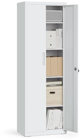 SONGMICS Aktenschrank, Mehrzweckschrank, Stahl-Aufbewahrungsschrank, 5 Ebenen, Doppeltüren, Schloss, Werkzeugschrank, verstellbare Ablagen, Garage, Büro, Wohnzimmer, grau OMC014G01