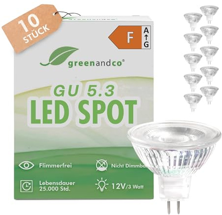 greenandco 10 Stück GU5.3 LED Spot 12V, 2700K, 3W 300lm, flimmerfrei | GU 5.3 MR16 COB LED Spot warmweiß, ersetzt 35 Watt, 38° Abstrahlwinkel, nicht dimmbar