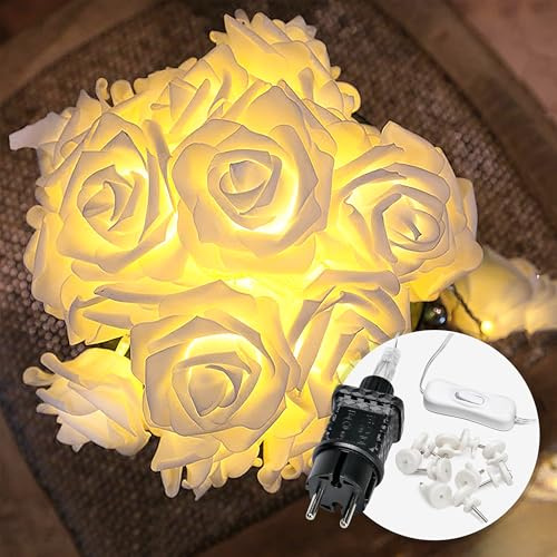 Cobus CozyHome Deko Rosen Lichterkette - 5 Meter & 20 Blumen LED Warmweiß | Strombetrieben mit Stecker I Rosenkette Frühling Lichterketten Blumengirlande mit Licht I Frühlingsdeko Moderne