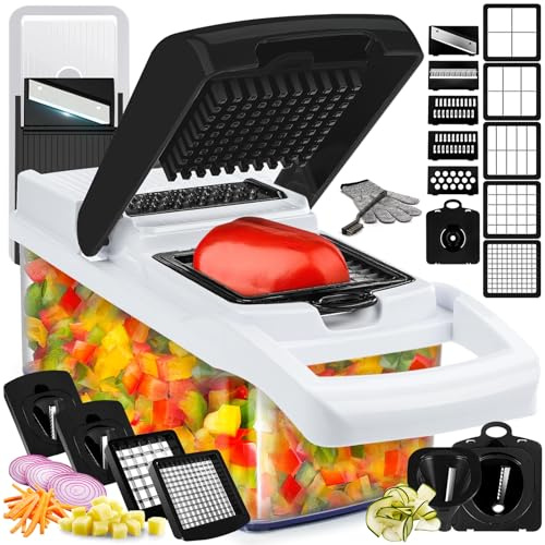 25 in 1 Multifunktionaler Zwiebelschneider Dicer, Spiralizer für Gemüse, Mandoline Hobel, Salat Food Chopper mit Behälter, Kartoffelschneider, Crinkle Cutter, 13 Klingen aus Edelstahl