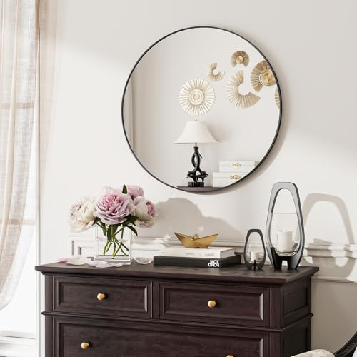 Koonmi runder Wandspiegel 60 cm, Metallrahmen, Schwarz | Bad und Schminkspiegel zur Wandmontage für Badezimmer, Wohnzimmer, Schlafzimmer und Eingangsbereich