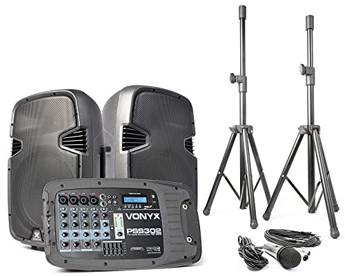 Vonyx PSS302 - PA Anlage Komplettset mit Mischpult, Beschallungsanlage, 300 Watt, DJ Anlage PA Lautsprecher Set mit Mikrofon und Stativen, Bluetooth, USB, SD, Fernbedienung, DJ, Sänger, Vorträge