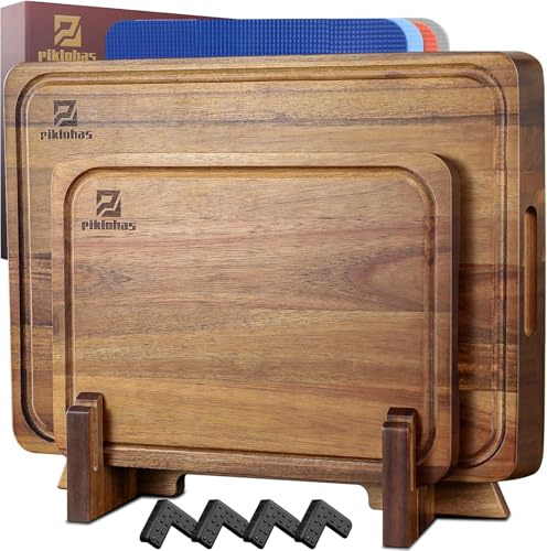 10 Stück Großes Schneidebrett-Set aus Holz für die Küche, Schneidebretter aus Akazienholz, rutschfeste Füße, 4 Kunststoffmatten, ideal zum Tranchieren von Fleisch, Schneiden von Gemüse, Käse und Brot