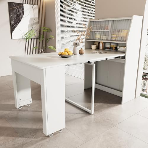 Ausziehbarer Esstisch klein, Einweg-Ausziehtisch, Weiß Esszimmer-Stauschrank, Platzsparender Multifunktions-Esstisch, 52/132.5x80x76cm