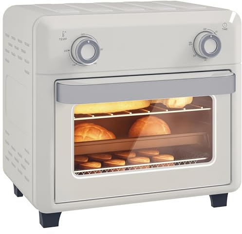 HOMCOM Mini Backofen mit Umluft 10 L 1000W 80-230℃ Heißluftofen mit 60 Min. Timer, Heißluftfritteuse inkl. Krümelblech, Backblech Grillrost, Minibackofen mit Innenbeleuchtung Pizza-Ofen Cremeweiß