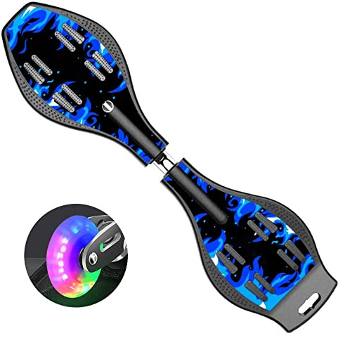 Bueuwe Waveboard Kinder ab 10 Jahre, Streetsurfing Snakeboard Waveboards mit Leuchtrollen, Skateboard für Kinder und Jugendliche, Bis 129 kg, 87x23x12,5 cm,Blau