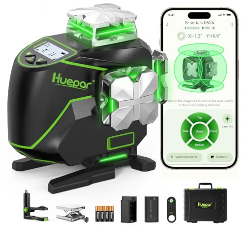 Huepar 16 Linien-selbstnivellierendes Laserniveau 4 x 360 ° mit LCD-Bildschirm, 4D Bluetooth Grüner Strahl Laserwerkzeug, Horizontal/Vertikal Laser -Fernbedienung & Hartschalenkoffer S04CG-C