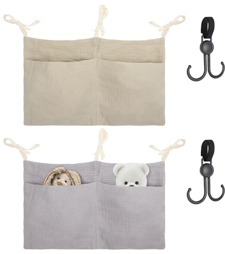 Babybett Organizer Hängend 2er Set – 2-teiliger Organizer für Babybett, Beistellbett, Kinderbett mit Haken – Doppeltasche für Windeln, Spielzeug, Zubehör, platzsparend & stilvoll