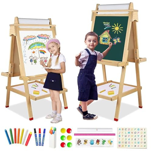 Kinder Staffelei 3 in 1 mit Papierrolle Doppelseitige Whiteboard und Tafel Kinder Spiel-tafel Holz Höhenverstellbar Standtafel 95-115CM Kindertafel mit Ablagefach Buchstaben Zahlen und Anderes Zubehör