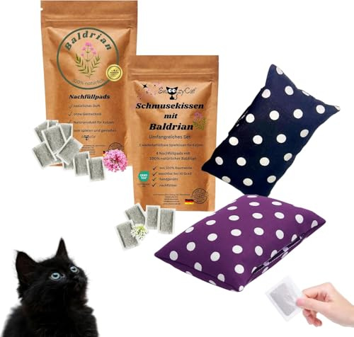 SNOOZYCAT® 2 Katzenkissen + 14 Nachfüllpads Baldrian pur – Handgemachtes Katzenspielzeug, Oeko-Tex Baumwolle, nachfüllbar & natürlich