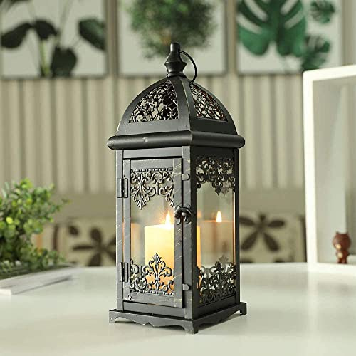 JHY DESIGN Deko Hängend Kerzenlaterne 38cm Hohe, Metall Kerzen Laternen Vintage Gartenlaterne Windlicht für Außen Outdoor Innen Hochzeit Indoor Garten Balkon Flur(Schwarz mit Goldpinsel)