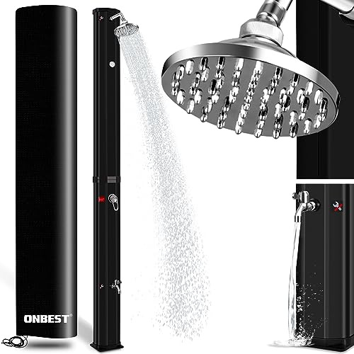 Onbest 35 Liter Solardusche Garten mit Regenschutz – Zusätzlicher Wasserhahn und integriertes Thermometer – 60°C – Warm - Kalt - Regler – Outdoor Gartendusche für Garten, Balkon & Pool – Solar Shower