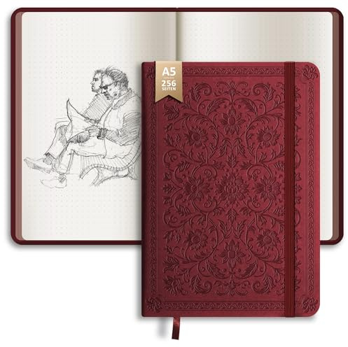 BIROYAL Notizbuch A5 Dotted, Hardcover Bullet Journal, 256 Seiten Dotted Notebook, 120gsm Papier, Notizbuch Gepunktet, Aesthetic Notebook Für Frauen Männer Notizen, Doodling (Rot)