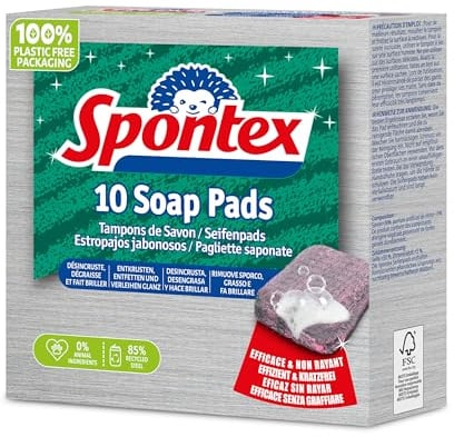 Spontex Seifenpads x10 Pack – kratzfreie Reinigungspads aus Stahlwolle mit 30% Seifenanteil - Für hartnäckige Verkrustungen und Starke, fetthaltige Verschmutzung