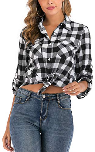 Enjoyoself Damen Karierte Bluse Langarm Karo Flanell Hemden Baumwolle Button-down Holzfäller Hemdbluse für Alltag und Oktoberfest