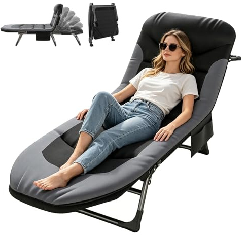 OVLRIJP Sonnenliege Klappbar Liegestuhl, 6-Fach Verstellbar Klappbare Gartenliege Campingliege mit Seitentasche, Feldbett Campingbett mit Matratze, Outdoor Liege für Balkon Garten Camping (Schwarz)