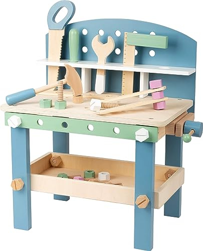 small foot Werkbank Nordic Kompakt aus Holz, Kinder Werkbank mit Werkzeug und Zubehör, ab 3 Jahren, 11376, Blau Mint Pastell
