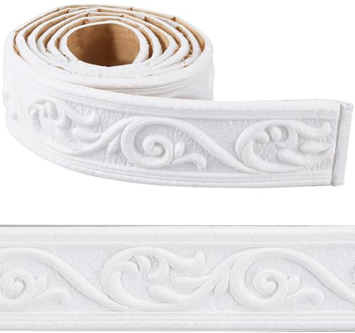craspire 88 x 2 Zoll Kronenleisten selbstklebende flexible Schaumstoffverkleidung Weiße selbstklebende Tapetenbordüre 3D-klebrige dekorative Wandkante Schaumstoffsockelleiste Spiegelrand Wandlinien