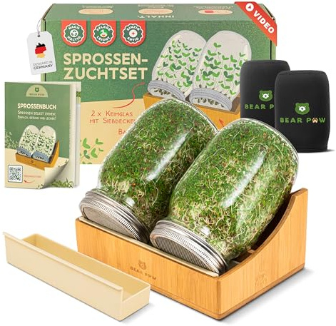 BEAR PAW® Sprossenglas 2er Set - 1000ml Keimglas für Sprossen Keimlinge - (inkl. Bambushalterung, Abdunklungshüllen, Gratis Videokurs, Sprossenbuch) - Sprossenglas Keimglas Set - Sprossen Keimgerät