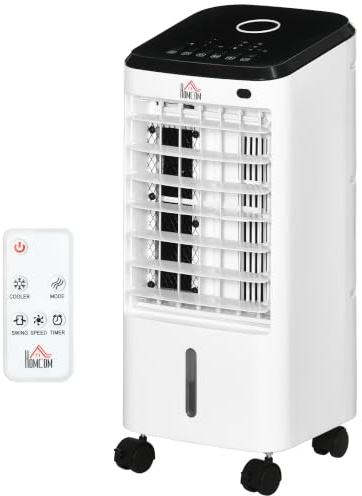 HOMCOM 3 in 1 Mobile Luftkühler mit 3,5L Wassertank für 16 ㎡ Cremeweiß | Wasserkühlung, Luftbefeuchtung, 60° Oszillierender Ventilator, Ohne Abluftschlauch, 12h Timer, Fernbedienung, LCD-Anzeige