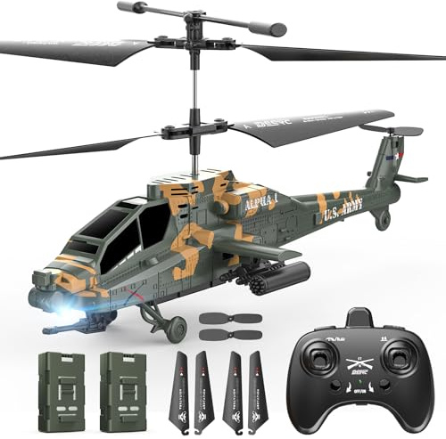 DEERC Apache RC-Hubschrauber, 2,4 GHz Militär-RC-Hubschrauber, 2 Akkus, 26 Minuten Flugzeit, LED-Beleuchtung, Höhenhaltung, EIN-Knopf-Start, für den Innenbereich geeignet, Geschenk für Jungen