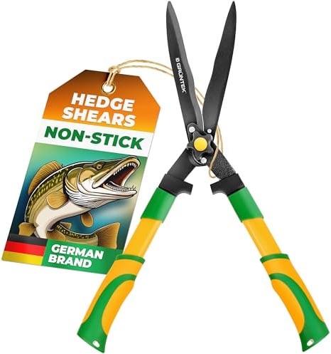 GRÜNTEK Heckenschere 560 mm HECHT – Gartenschere SK5-Klinge Wellenschliff Teflonbeschichtet | Bypass Präzisionsklinge 214 mm | Heckenschere manuell, Strauchschere Hecken Sträucher Formschnitt