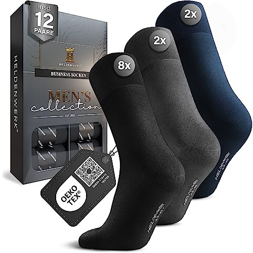 HELDENWERK® Socken Herren 12er Pack gemischt mit atmungsaktiver Baumwolle | Business Socken ohne drückende Naht, 8x schwarz, 2x grau, 2x navyblau, Klimaregulierend, Komfortbund, Premium Verpackung