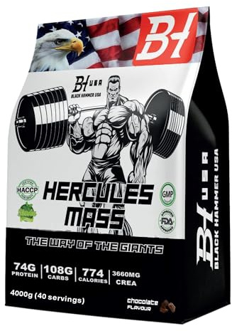Black Hammer USA – HERCULES Mass Gainer – hochkalorischer Weight Gainer für Muskel- & Masseaufbau | Protein-Kohlenhydrat-Shake | Post-Workout Recovery (4 Kg, Schokolade)