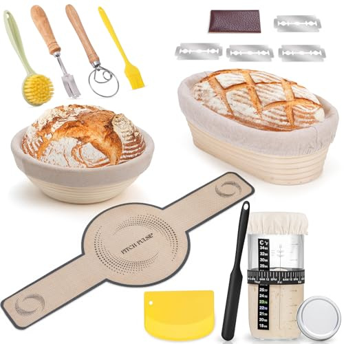 Gärkorb Set, PITCH PULSE Brot Gärkörbchen aus Naturrattan zum Brot backen, Brotkörbchen, Brotform(23cm rund & 25cm oval)