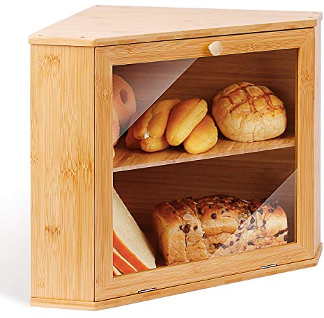 Ecke Brotkasten Bambus 2 Etagen Brotbox Sichtfenster 32x32x34cm natur | Leader Accessories Brotaufbewahrung mit Fenster, Brotbehälter, doppelt und belüftet, lebensmittelecht und pflegeleicht
